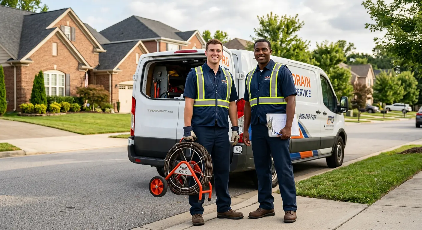 Sewer and drain service team with equipment ready for work in Reynolds