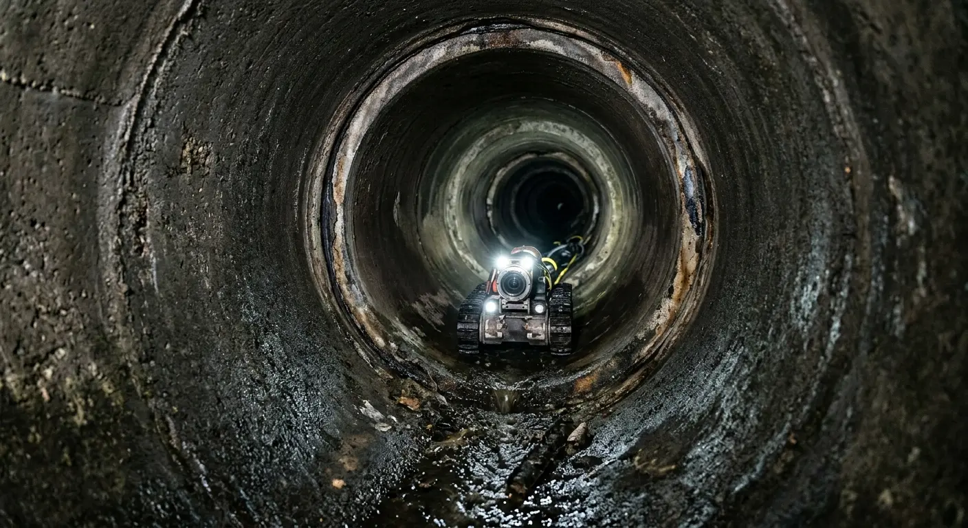 Robotic sewer camera inspecting pipe interior for Sewer Line Cleaning in Reynolds
