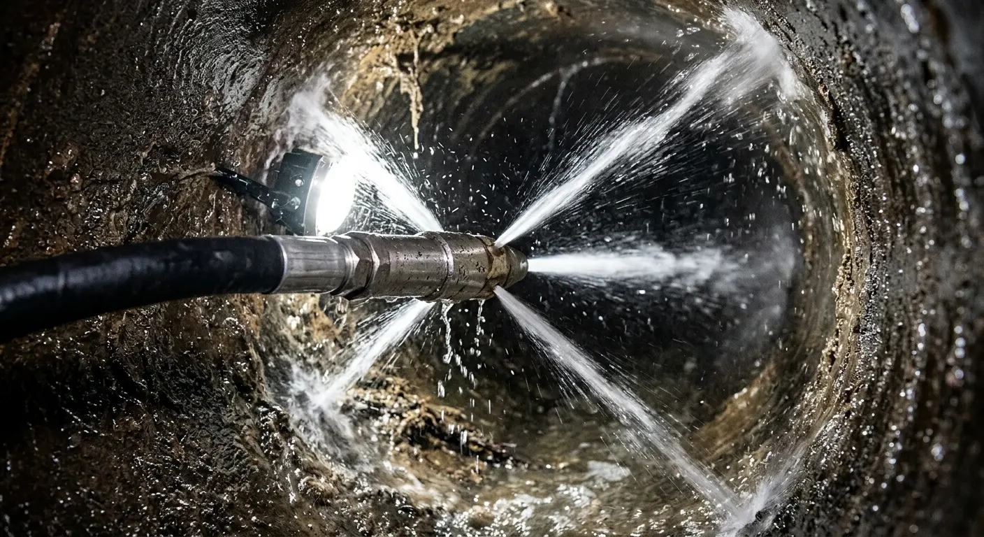 High-pressure hydro jetting nozzle cleaning sewer pipe for Sewer Cleanout in Reynolds