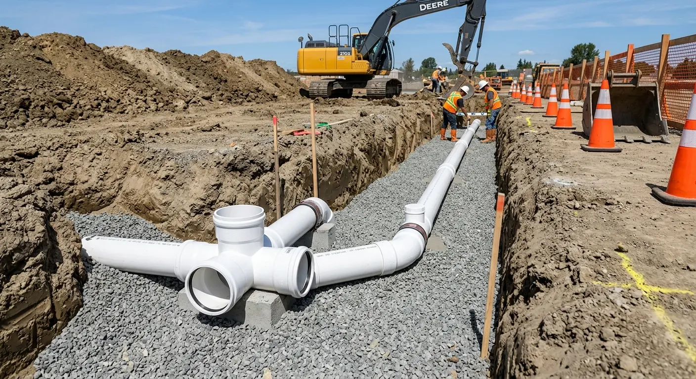 New PVC sewer pipe installation in open trench for Sewer Backup in Reynolds
