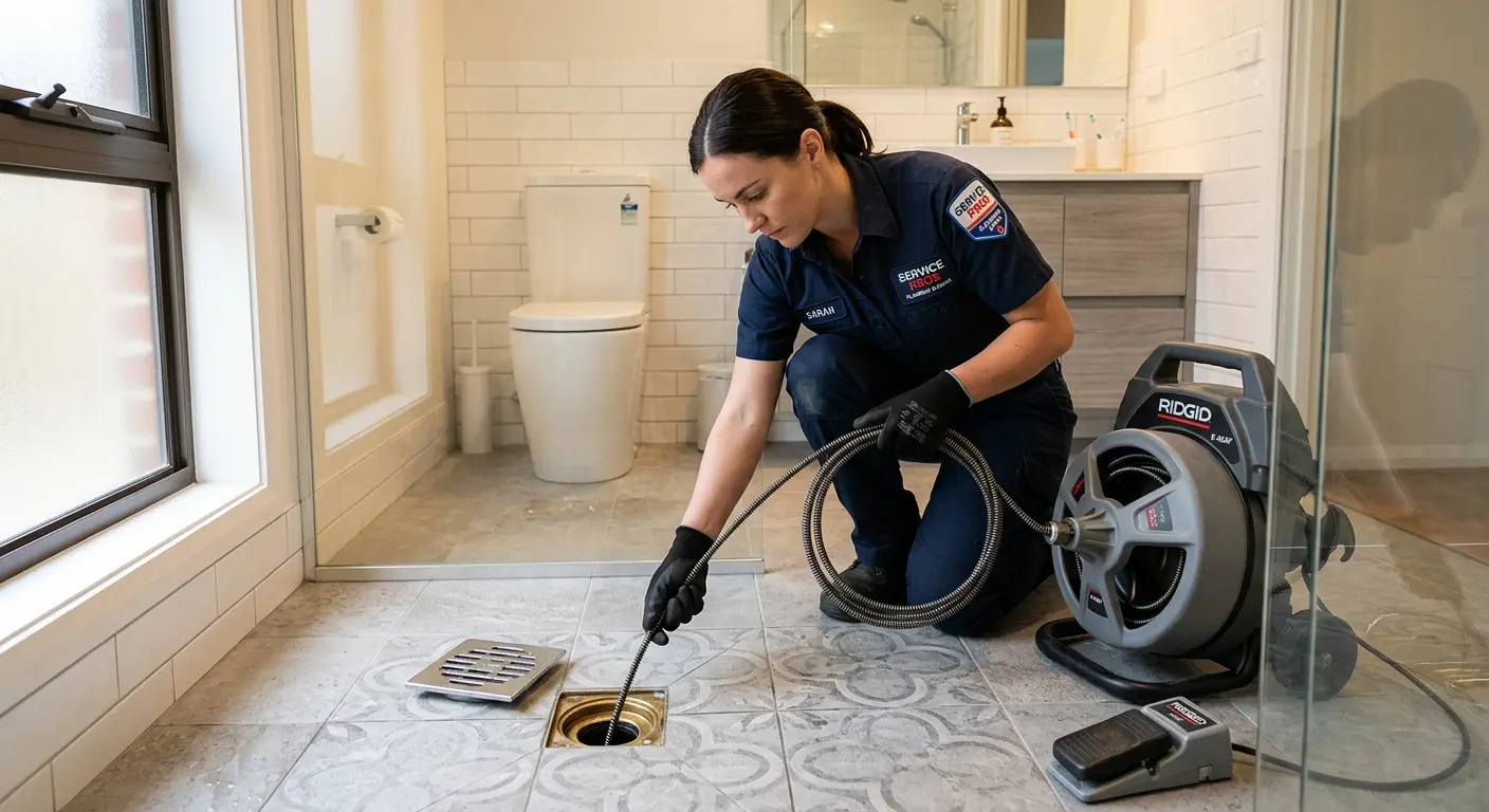 Technician clearing a bathroom floor drain for Sewer Line Replacement in Reynolds